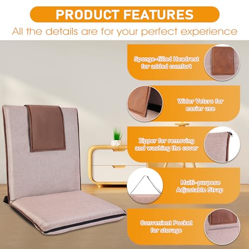 Image of Floor Chair with Back Support 14-Position Adjustable Floor Chair Portable Ground Seating for Adults & Kids Foldable Meditation Seat with Japanese KOYO Bearings & Washable Linen Cover (Coffee)