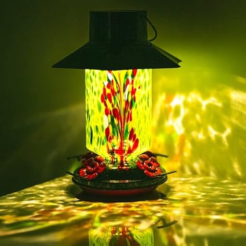 Muse Garden Gifts for Women Solar Hummingbird Feeders for Outdoors Hanging Ant and Bee Proof, Hand Blown Glass Lantern Garden Decor, Moms Birthday Unique, 28oz, Green Floral Cover