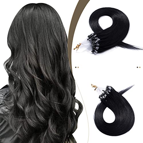 SEGO Micro Ring Hair Extensions Micro Links Human Hair Extensions Micro Beads Loop Remy Hair Piece Cold Fusion Nano Rings Tipped Straight Real Hairpiece 50g 100 Strands 24inch 1# Jet black