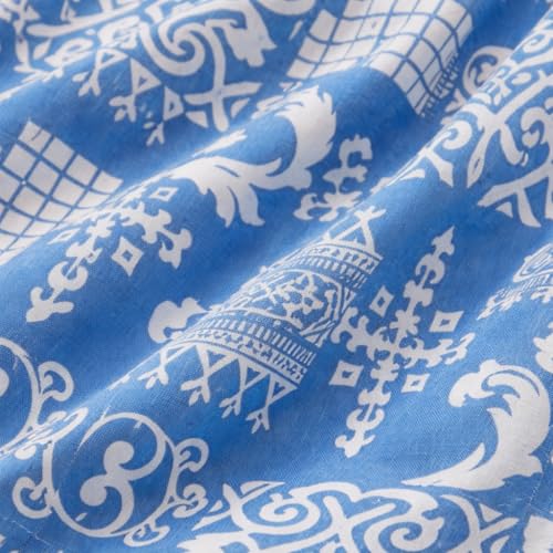 Image of Women's Light Blue Cotton Midi Dress - Square Neck Buttoned Frock - Geometric Print Casual A-Line Dress