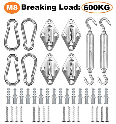Hyber&Cara Heavy Duty Sun Shade Sail Canopy Fixing Kit 304 Stainless Steel Includes 8cm Carabiner Clips, 80mm Diamond Pad Eyes, M8 Turnbuckle Wire Tensioner