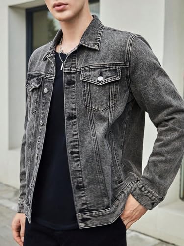 Image of Stylish Men's Acid Wash Denim Jacket, Classic Button Front Design, Grey, Casual Streetwear
