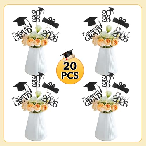 Image of Graduation Decorations 2026, 20 PCS Sparkling Black Double-Sided Centerpiece Sticks for Tables, Class of 2026 Table Toppers and Party Supplies