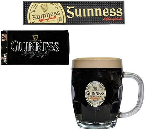 Guinness Barware Pack - Gaelic Bar Mat, Signature Bar Towel & Guinness Hobnail Label Tankard