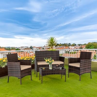 VINGLI 4 Pieces Outdoor Patio Furniture Set Wicker Patio Conversation Set with Coffee Table, Rattan Chair Patio Wicker Sofa Set for Yard,Pool or Backyard (Brown)