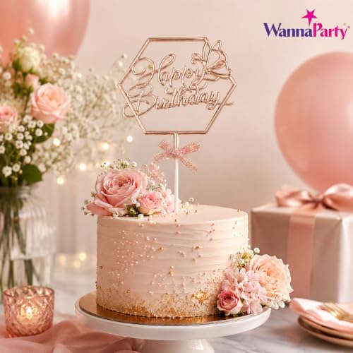 Image of Wanna Party Happy Birthday Cake Topper, Rose Gold Hexagon Frame with Butterfly & Bow, Birthday Cake Decoration Pick for Kids, Adults, Party Cakes & Dessert Table - 1PC