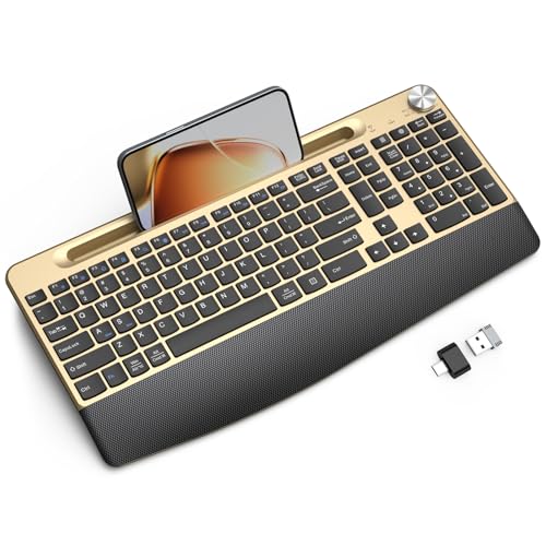 GAMCATZ Ergonomic Wireless Keyboard with Wrist Rest-Low-Profile,Phone/Tablet Holder,Quiet Design，Windows & Mac OS，Full Size Cordless USB Computer Keyboard for Desktop,Laptop, PC, Mac, Windows-Gold