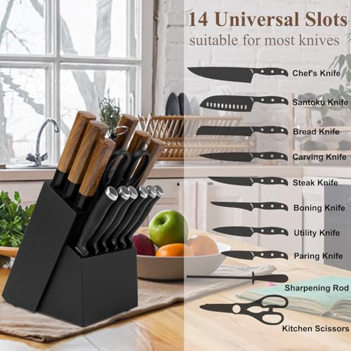RedCall Universal Knife Block Holder,Large Wood Bamboo Knife Block without Knives,14 Slot Universal Knife Holder Countertop,Butcher Block Knife Storage Organizer for Kitchen (Black) - Thumbnail 4