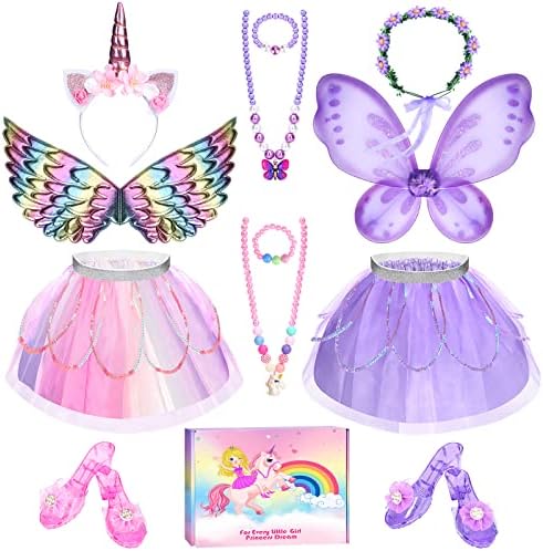 Kids Princess Dress Up Clothes for Little Girls Toddlers, Unicorn & Flower Fairy Princess Costume Set with Tutu, Fairy Wings, Shoes, Play Jewelry, Headband, Pretend Play Toys & Gift for Girls Toddlers