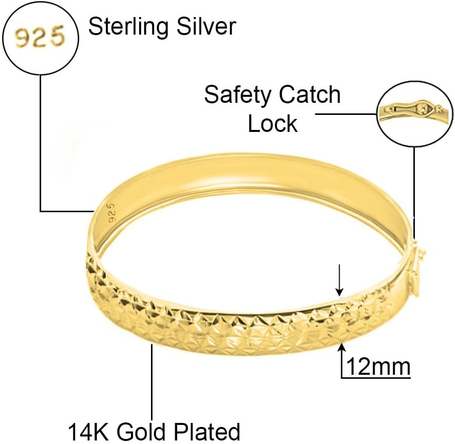 Savlano 925 Sterling Silver 12MM Diamond Cut Bangle Bracelet - 14K Gold Plated 7.5” inch Bracelet for Women Comes with Gift Box - Made in Italy