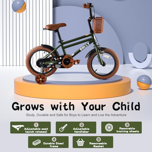Image of RULLY 12 14 16 Inch Boys' Bike for Kids Ages 2-6, Toddler Bicycle with Training Wheels, Coaster Brake & Handbrake, and Front Basket(Blue Black Green)