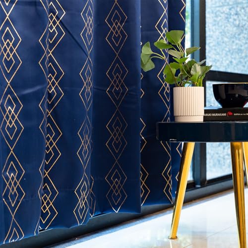 Image of Urban Space 80-85% True Blackout Curtains for Window, Gold Foil Printed Blackout Curtains, Decorative Window Curtain Eyelet with Tieback, 1 Piece Curtain for Living Room(Diamond Navy Blue, 5 Feet)