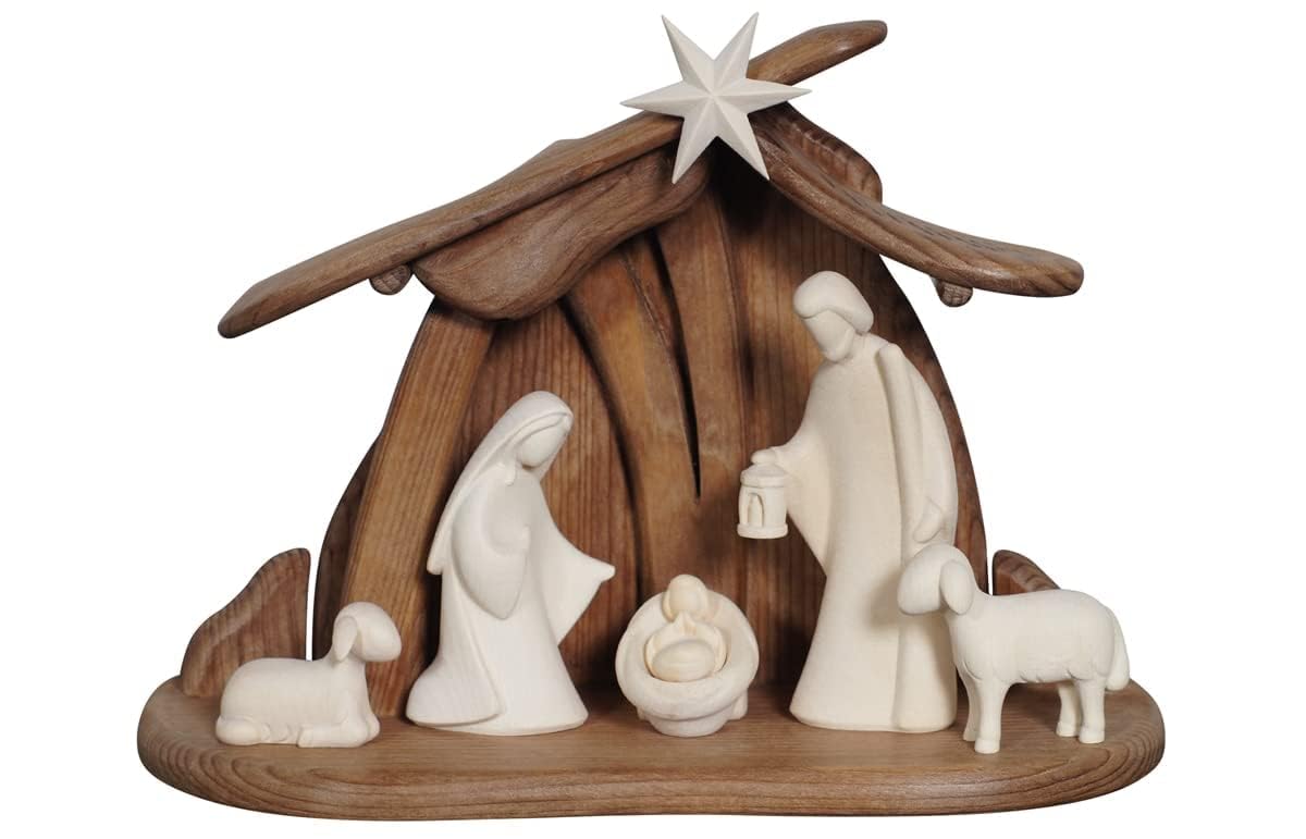 OVUNQUE PROTEGGIMI Set Natività in Legno, Presepe Completo in Legno con capanna dallo Stile Moderno Creato in Val Gardena Versione con Statue in Legno Naturale (13 cm)