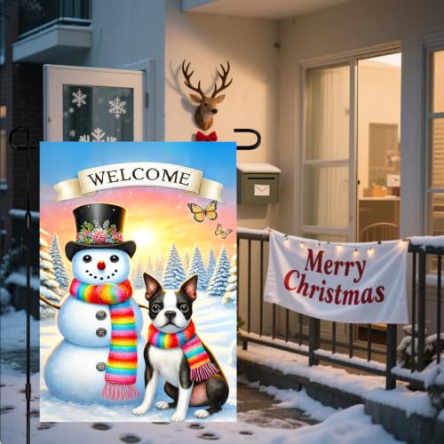 Image of BlissYard Winter Yard Flag Snowman Puppy 12x18 Inch Polyester