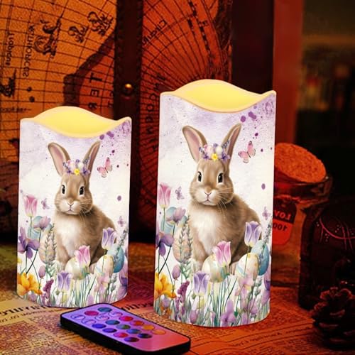 Image of Easter Cute Bunny Purple Floral Plastic Flameless Candles with Remote Control and Timer LED Flickering Battery Operated Color Changing Electric Pillar Candles Easter Decoration