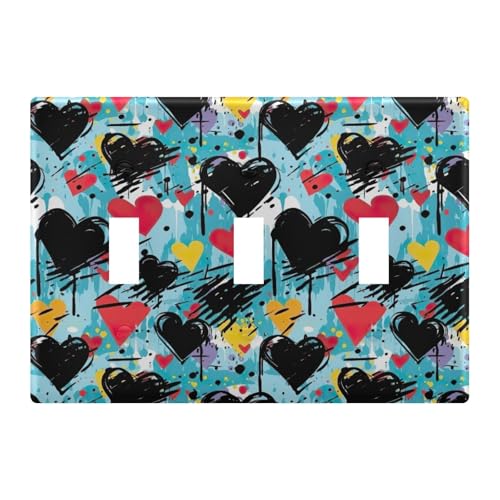 Light Switch Cover Black Heart Graffiti Wall Plates for Electrical Outlets 3 Gang 202a8565