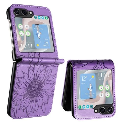 Étui portefeuille Galaxy Z Flip 6 violet en cuir à motif floral