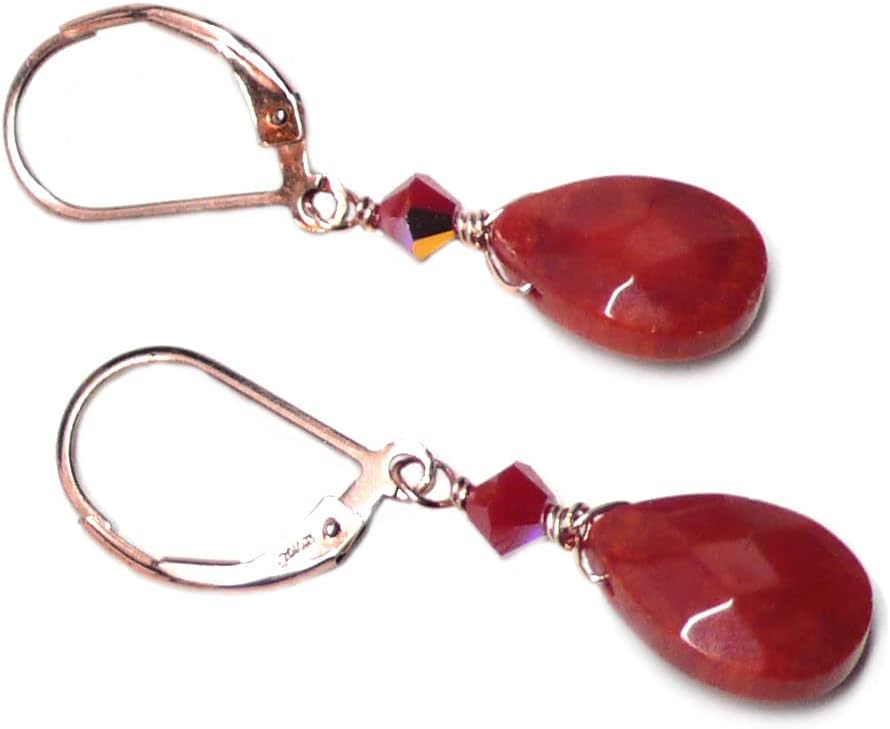 Dyed Red Coral Briolette Sterling Silver Lever Back Earrings Crystal