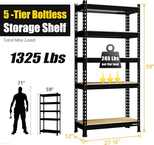 Image of PrimeZone Storage Shelves, 27.5 inch W X 12 inch D X 59 inch H Adjustable Metal Heavy Duty Garage Shelving Unit, 5 Tier Industrial Standing Utility Rack Organizer for Warehouse, Pantry, Kitchen, Basement, Black