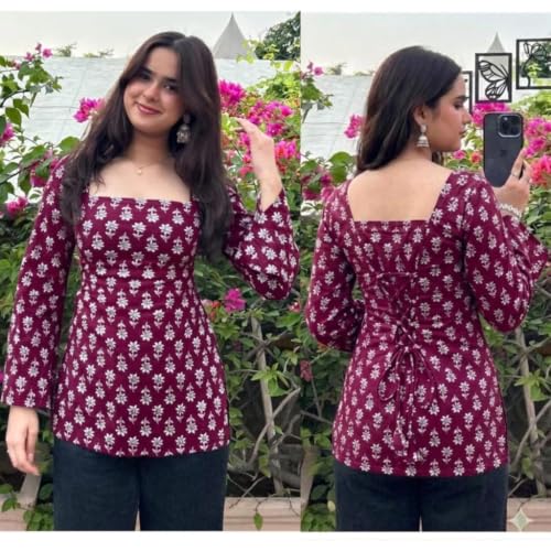 Image of Women's Rayon Printed Short Kurti | Straight Fit Casual Ethnic Top | Square Neck Full Sleeve Ladies Kurti Office College