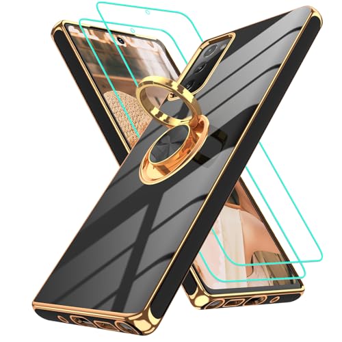 Gritup for Samsung Galaxy Note 20 Case: with 2Pcs Screen Protector, 360° Rotation Ring Holder Magnetic Kickstand, Plating Gold Edge Soft TPU Shockproof Protective Cover for Note 20 Phone Black