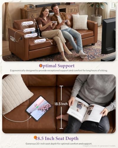 Image of TYBOATLE 65'' Brown Faux Leather Loveseat with USB, 2-Seater Sofa | Modern Tufted Design, Wide Arms, Comfy Seating, USB Charging Ports, Living Room, Office, Bedroom, Apartment, Small Spaces