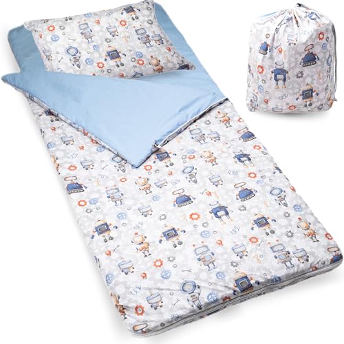 PinkZebra Kinder Schlafsack 170 x 70 cm + Kissenbezug 60 x 40 cm für Mädchen & Jungs, Kinderschlafsack für Outdoor Indoor, Öko-Tex, Baumwollschlafsack mit Doppelter Reißverschluss, Roboter