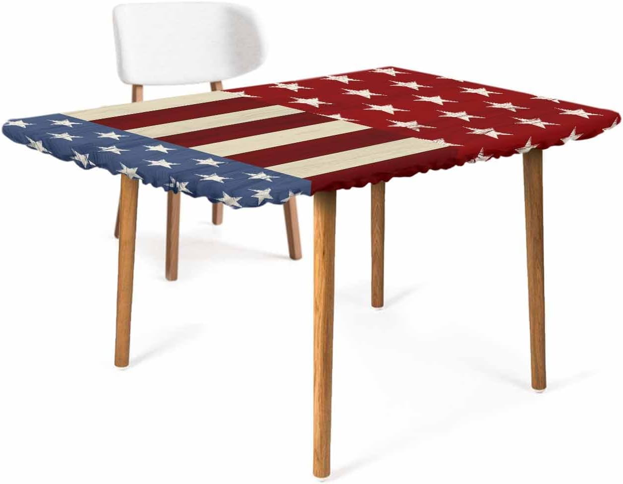 4ft Fitted Tablecloth for Rectangle Tables,Independence Day Patriotic USA Flag Waterproof Elastic Edged Table Cover,Blue Red Stars Stripes Table Cloth for Kitchen Dining Outdoor Party Decor