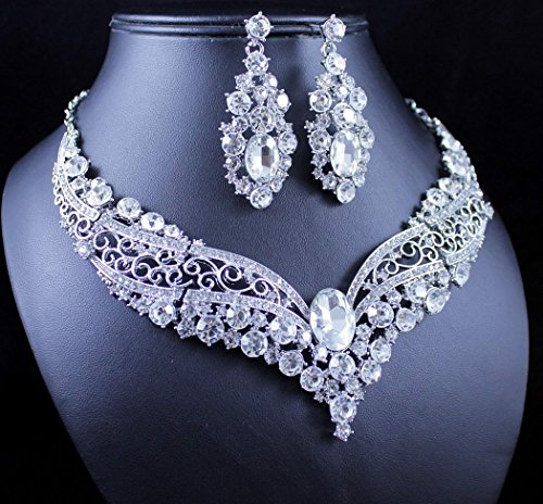 Janefashions Vintage Austrian Rhinestone Crystal Necklace Earring Set Bridal Prom N1872 White #TOP1