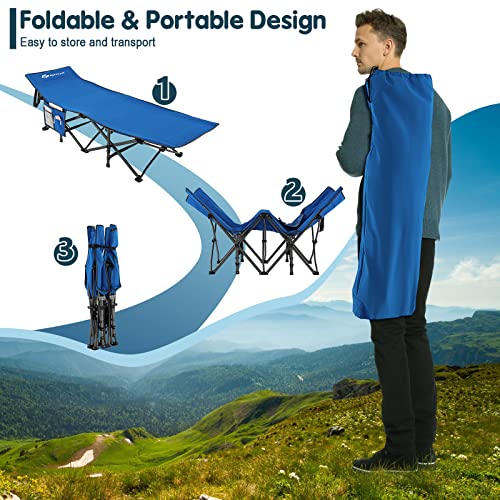Goplus Folding Camping Cot, 27.5" Sleeping Cot For Adults With Carry Bag, 600Lbs Weight Capacity, Slanted Head, Side Pocket, Heavy Duty Portable Camping Bed For Kids, Beach, Office Snap (Blue) #TOP4