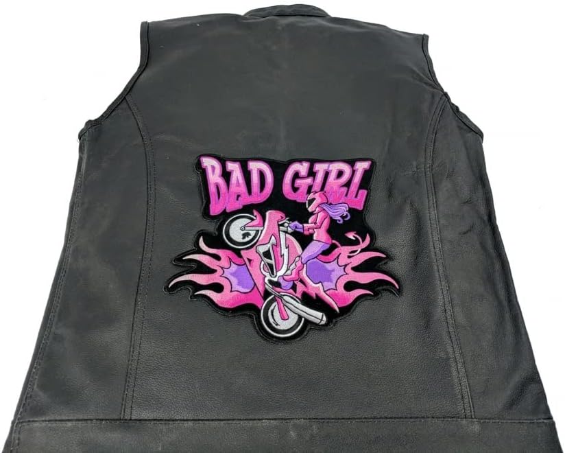Large Back Patch, Embroidered Patch (Iron-On or Sew-On), Bad Girl Biker Lady Rider Pink Large Back Patch, 10" x 9"