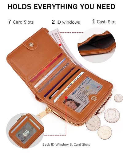 Image of Small Bifold Wallets Woman RFID Mini Wallet for Women Slim Card Holder with Zipper Coin Pocket & 2 ID Windows (Brown)