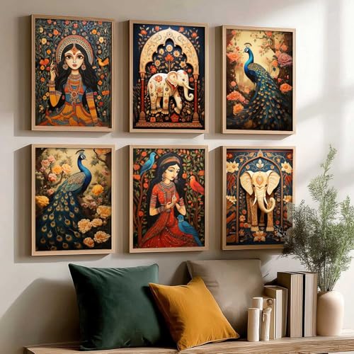 Image of kotart Premium Digital Madhubani Art Paintings with Frame for Home Decor - Framed Painting for Living Room Bedroom Office Room Decor - Painting for Wall Decoration - Pack of 6 (D)