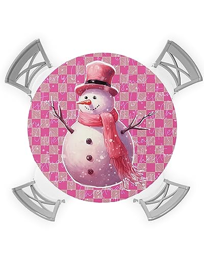 Elastic Edged Outdoor Round Tablecloth Merry Christmas Snowman Pink Fitted Table Cover for Holiday Decoration Oil-Proof Waterproof Table Cloth Indoor/Outdoor Fits Tables up to 36