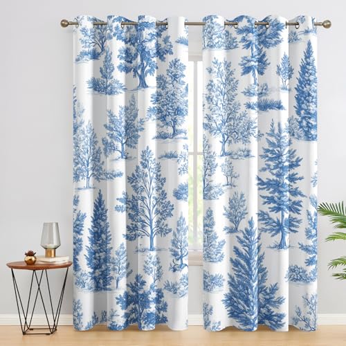 Tree Curtains Bedroom, 90x90 - Blue White Blackout Curtains & Decor, Living Room, Eyelet Patterned Window Drapes, 90 Inch Drop 2 Panels (HD211) - Image 2