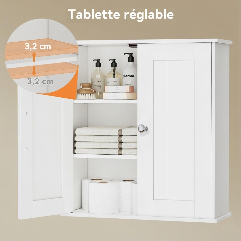 Armoire Murale de Salle de Bain à 2 Portes, Blanche | Étagères réglables, rangement au-dessus des toilettes, pour salle de bain, cuisine, entrée et buanderie