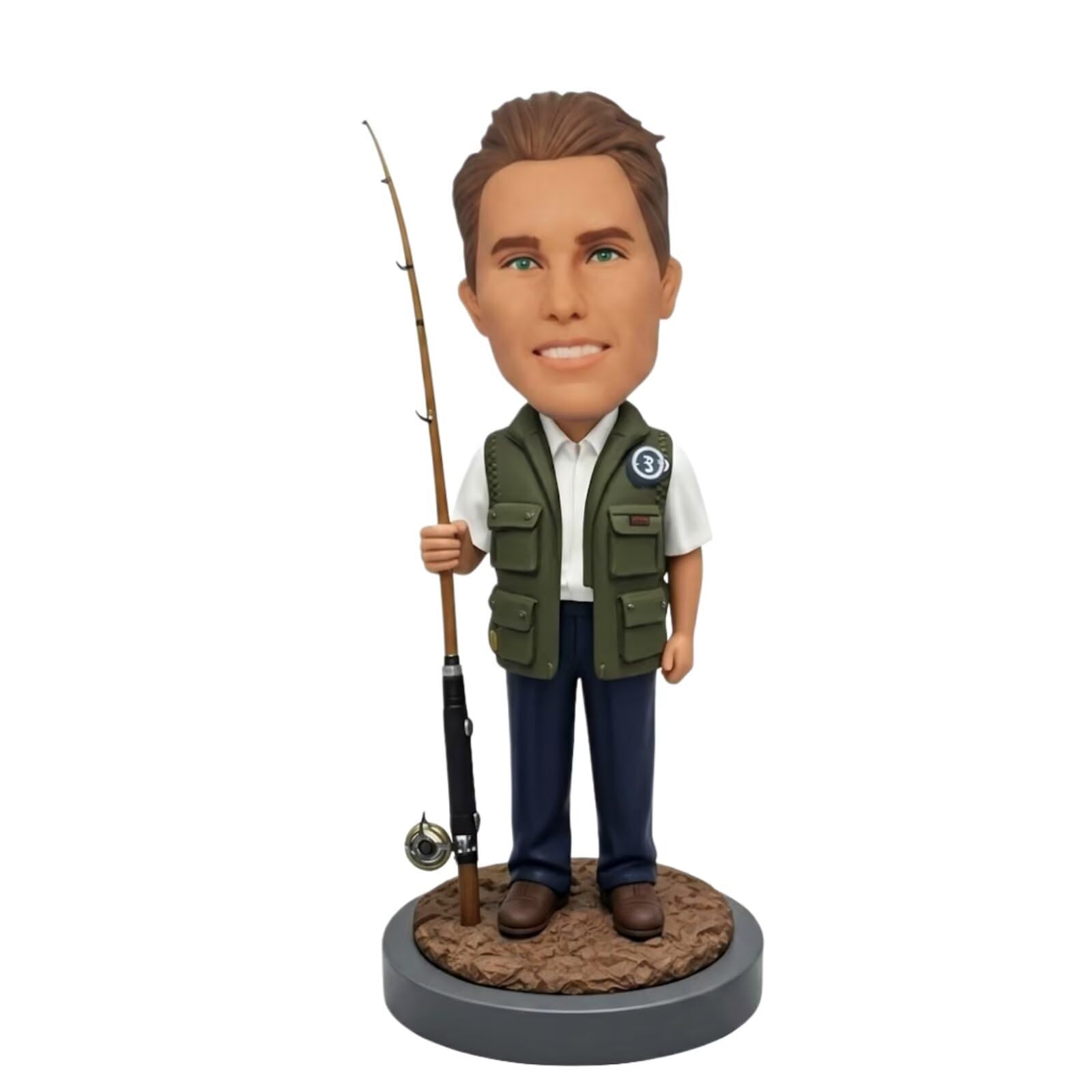 Figura de pescador personalizada de cabeza bobrosa de la foto 3D de arcilla, chaleco de pesca y caña de pescar, regalo para pescadores y amantes de la pesca al aire libre