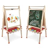 お絵かきボード 木製イーゼル 黒板とホワイトボードを含むダブルパネル 落書き 子供たちが学ぶのを助ける 96~132cmまで高さ調節可能 折りたたみ式 収納トレイ付き 製図板サイズ54*55cmです (天然木の色)