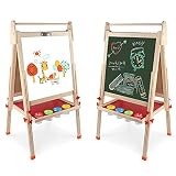 お絵かきボード 木製イーゼル 黒板とホワイトボードを含むダブルパネル 落書き 子供たちが学ぶのを助ける 96~132cmまで高さ調節可能 折りたたみ式 収納トレイ付き 製図板サイズ54*55cmです (天然木の色)