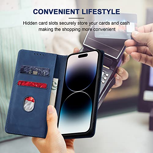 Image of Jasonyu Flip Wallet Case for iPhone 14 Pro 5G,Leather Magnetic Folio Cover with Card Holder,Kickstand - TPU Shockproof Durable Protective Phone Case,Blue