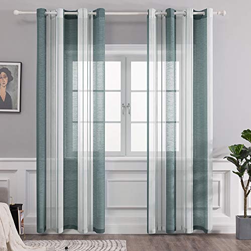 MIULEE Gardinen Gestreift Transparent mit Ösen, Voile Vorhänge Wohnzimmer Modern 2er Set, Vorhang Schlafzimmer Transparent mit Grün Weiss Gestreift Muster, Vorhang Halbtransparent Streifen 140X245 cm