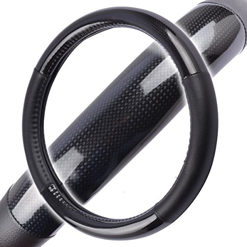 Unique Imports Premium Carbon Fiber Steering Wheel Cover Black Vinyl with Carbon Fiber Accent - Water Resistant - Hot & Cold Protection for Your Hands