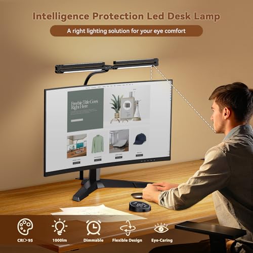 Image of Pzloz Led Desk Lamps for Home Office - Eye Caring Architect Lamp with Clamp, Double Head Computer Monitor Work Desk Light with Remote Control: 24W Flexible Dimmable Desktop Table Lamp