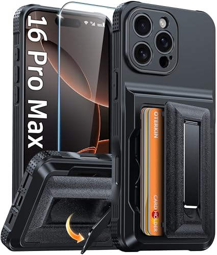 Oterkin for iPhone 16 Pro Max Wallet Case [4-5 Card Holder] [Metal Kickstand] [Screen Protector] [Full Camera Protection][RFID Blocking] Rugged Heavy Duty Phone Case for iPhone 16 Pro Max 6.9 Black