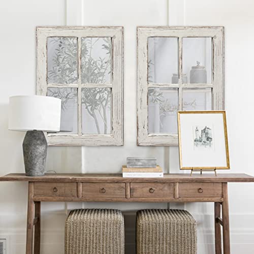 Rustic Window Pane Mirror Wall Decor 11" X 16", Hanging Distressed White Farmhouse Rectangle Wood Frame Mirror, Handmade Decorative Window Mirrors For Living Room Bathroom Bedroom Fireplace Christmas #TOP2