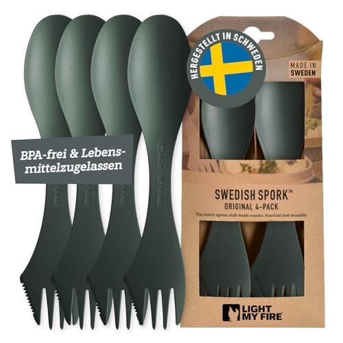 Light My Fire Spork Original Göffel 4-Pack - 3-in-1 Campingbesteck - Löffel, Gabel, Messer - Reisebesteck - BPA-Frei & Bio-Basierter Kunststoff (4er-Pack Sagegreen)