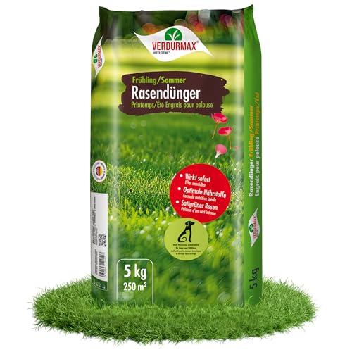 Verdurmax 5 kg Rasendünger Frühling & Sommer - Langzeit Rasendünger mit Stickstoff für 250m² saftig grünen Rasen - Hundeverträglich & tierfreundlich - Für Streuwagen geeignet