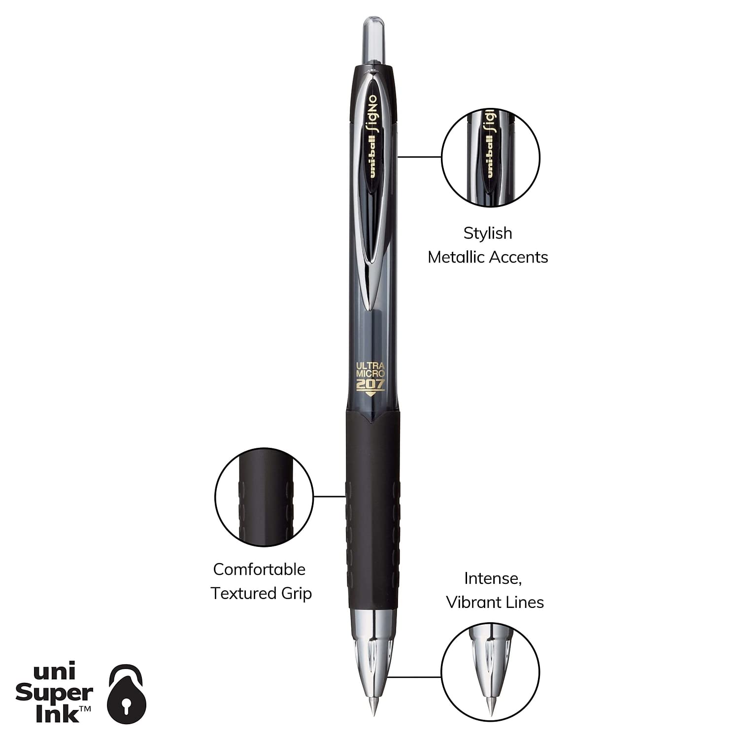 Uni-Ball 207 (TM) Gelstifte, einziehbar, zur Betrugsbekämpfung, Ultra Micro Point, 0,38 mm, durchscheinend schwarze Schädel, schwarze Tinte, 4 Stück