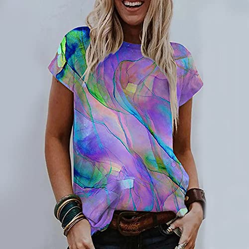 Wangxiyan Summer Women Tie Dye Tops Fashion Casual Loose Fit Short Sleeve Crewneck Printing T-Shirt Comfy Soft Blouses Tees Purple,Large #TOP1