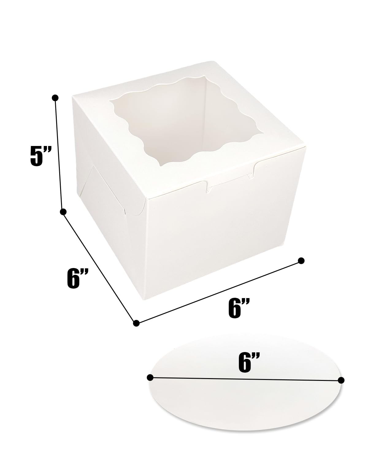 Bakepacker 36 cajas de panadería blancas de 6 x 6 x 5 pulgadas con ventana, 18 cajas de panadería de 6 pulgadas (18 cajas para tartas + 18 tablas para tartas + cinta de seda de 10 metros incluida